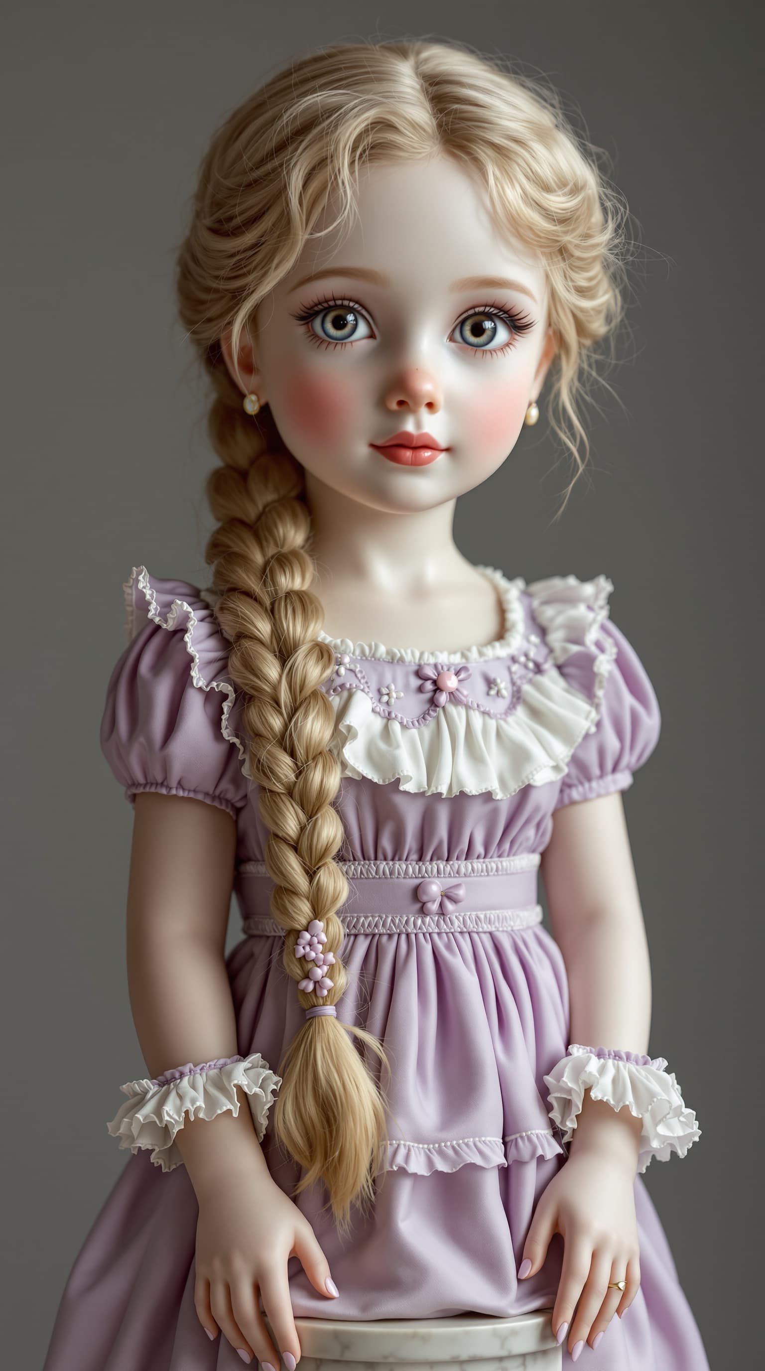 AI generated: A professional photograph captures the exquisite antique porcelain figurine of a ten-year-old girl, ...