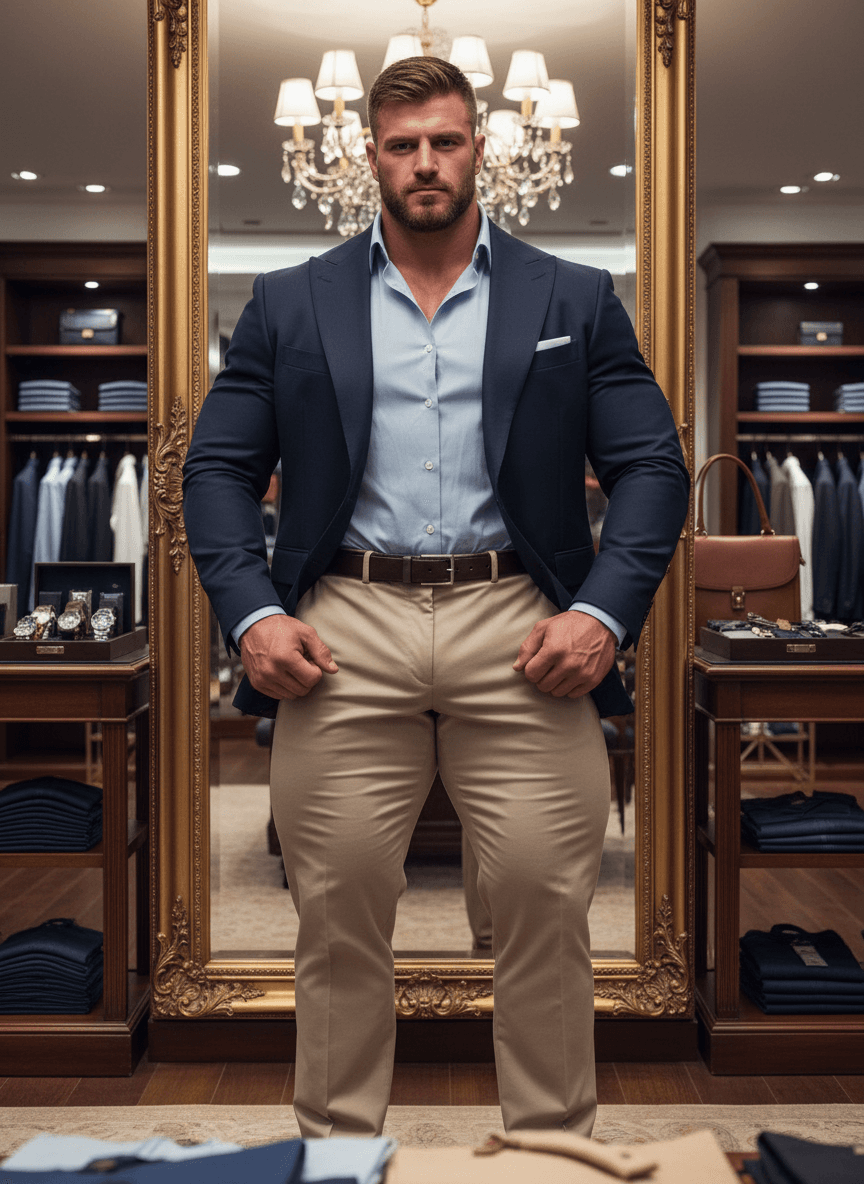 AI generated: At a very luxurious men's clothing store, the bodybuilder is white male, 6 feet 4 inches tall, he ha...