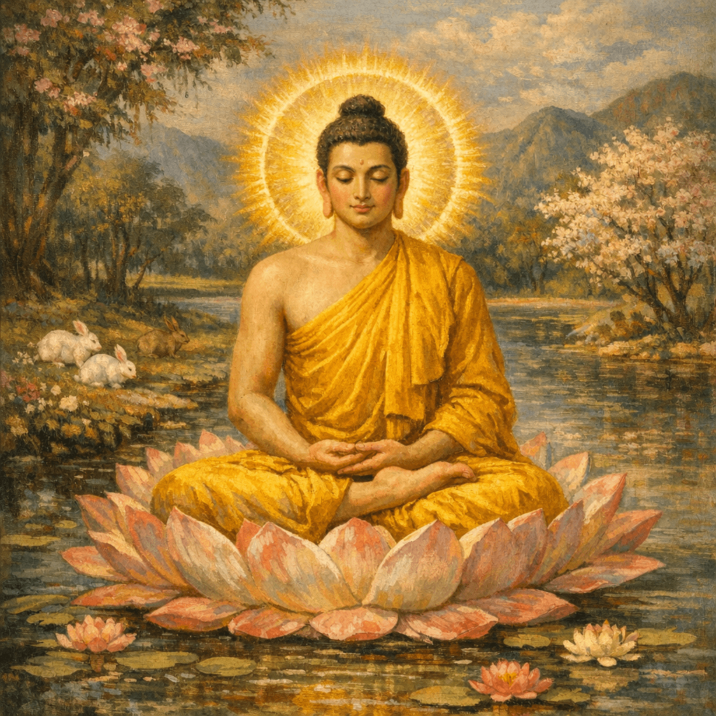 AI generated: A divine depiction of Lord Buddha seated cross-legged on a lotus flower in a serene and vibrant lake...
