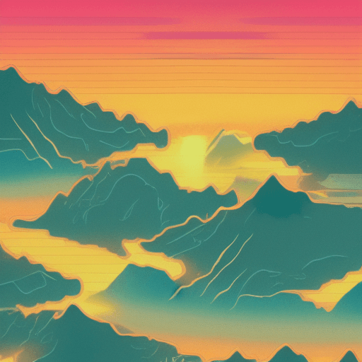 AI generated:  80s Retro Sunset, Mountain Lake scene, green, gold, illustration, inspired by James Jean