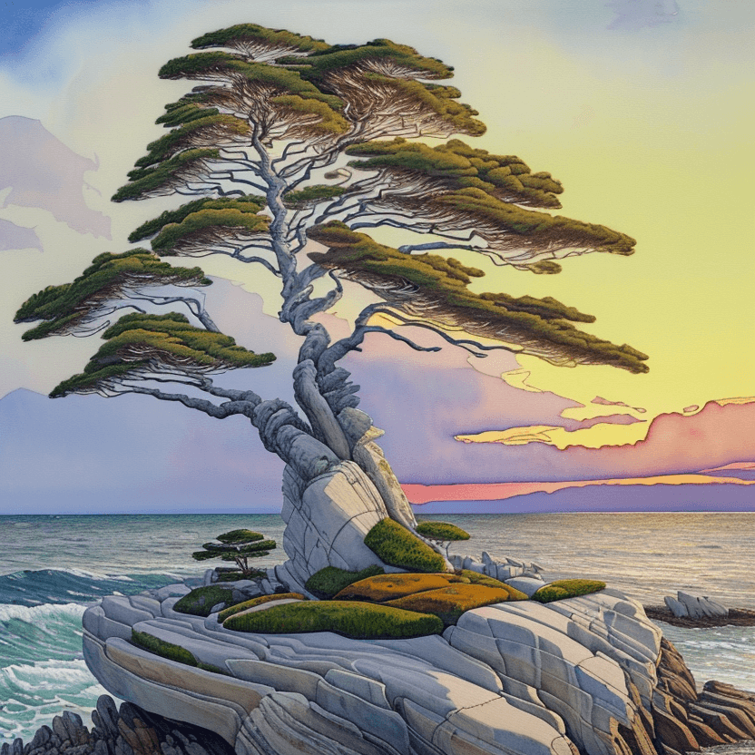 AI generated: a painting of a tree sitting on top of a rock, a watercolor painting, inspired by Arthur Lismer, cg ...