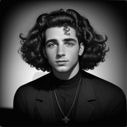 AI generated: Image by Christian Ranucci, a men, photo with curly hair, and black rectangle bezel. Black and white...