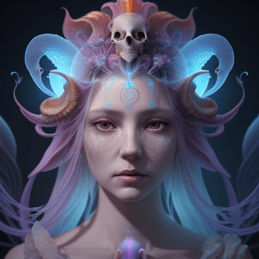 AI generated: Goddess close-up portrait ribcagel. jellyfish phoenix head, nautilus, orchid, skull, betta fish, bio...