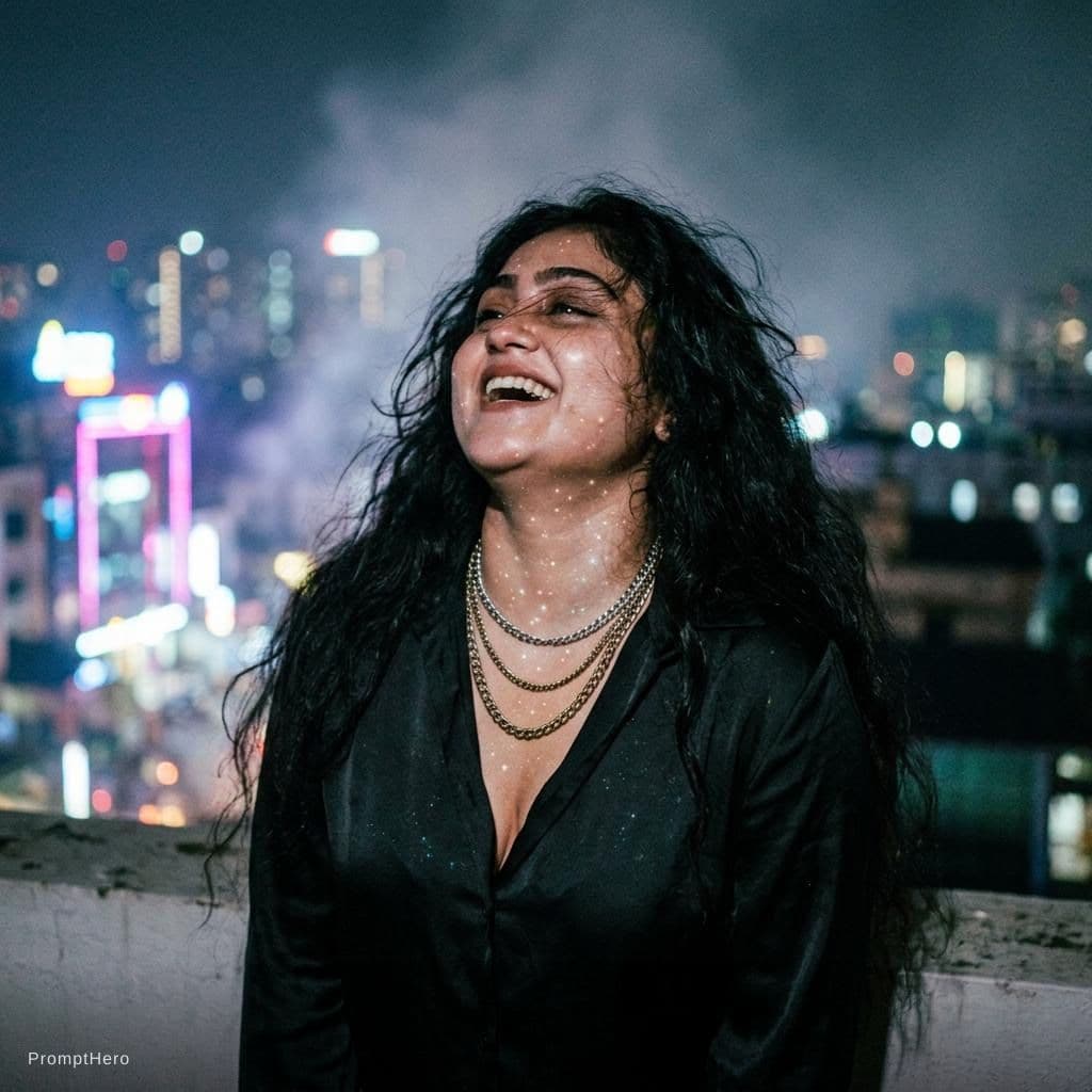 AI generated: A grainy, high-ISO rooftop documentary scene captures a tall, statuesque woman with long, dark, wind...