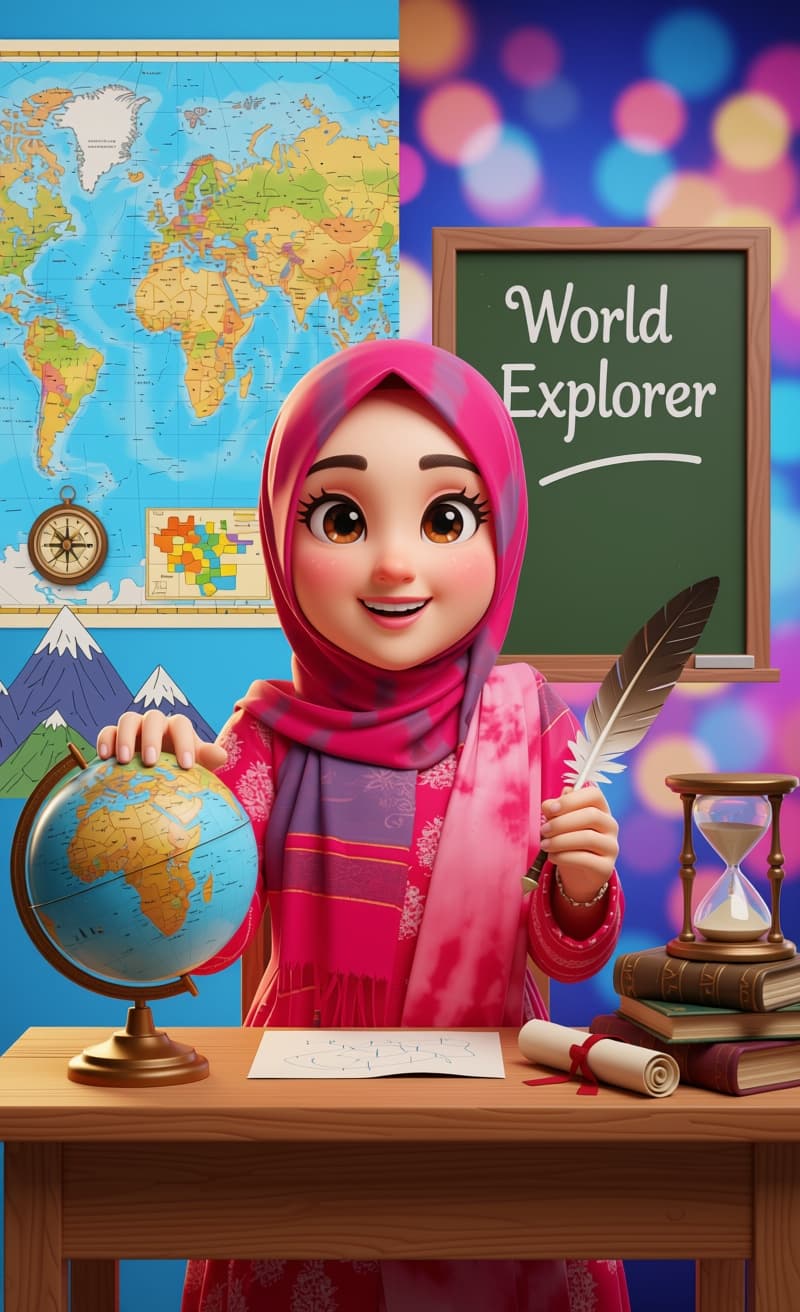 AI generated: Based on this uploaded photo, create a vvv cute 3D Anime-style caricature of a geography and history...