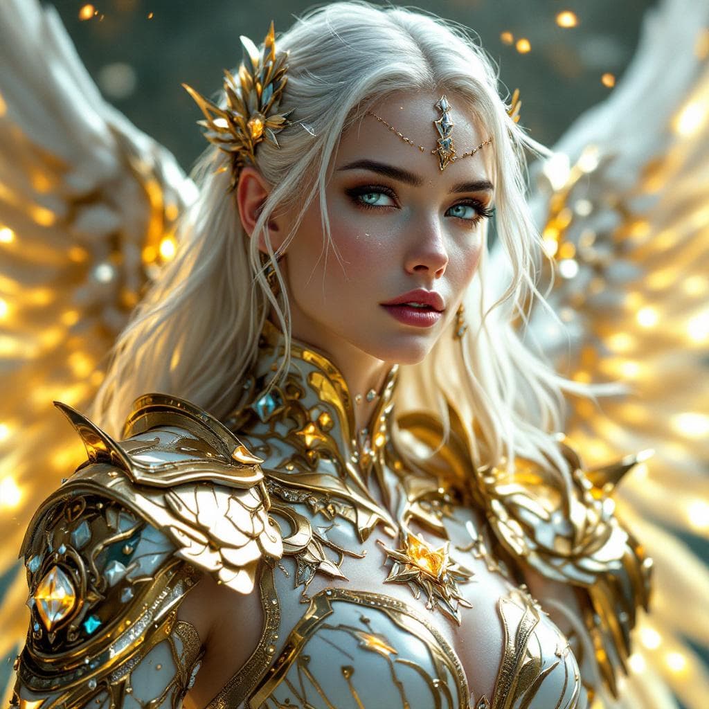 AI generated: An ultra-realistic, full-body portrait of a captivating celestial guardian woman, radiating divine p...