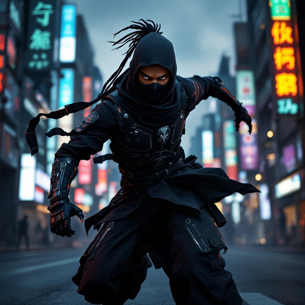 AI generated: A youthful afro-american, agile samurai boy, dressed in a sleek black and grey ninja suit, navigates...