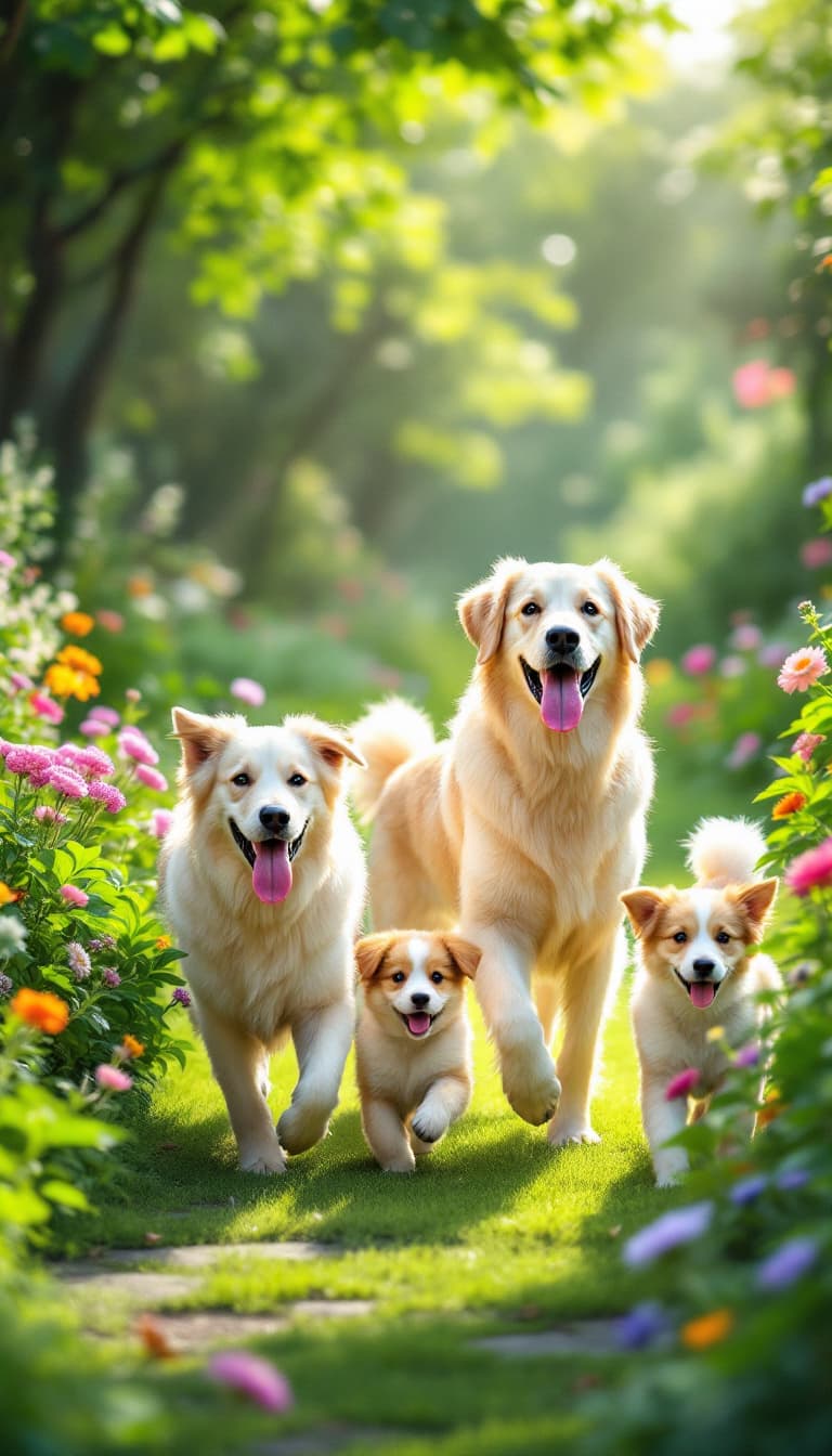 AI generated: In the green and spacious garden, a wonderful family of dogs roam freely. A large, strong and protec...