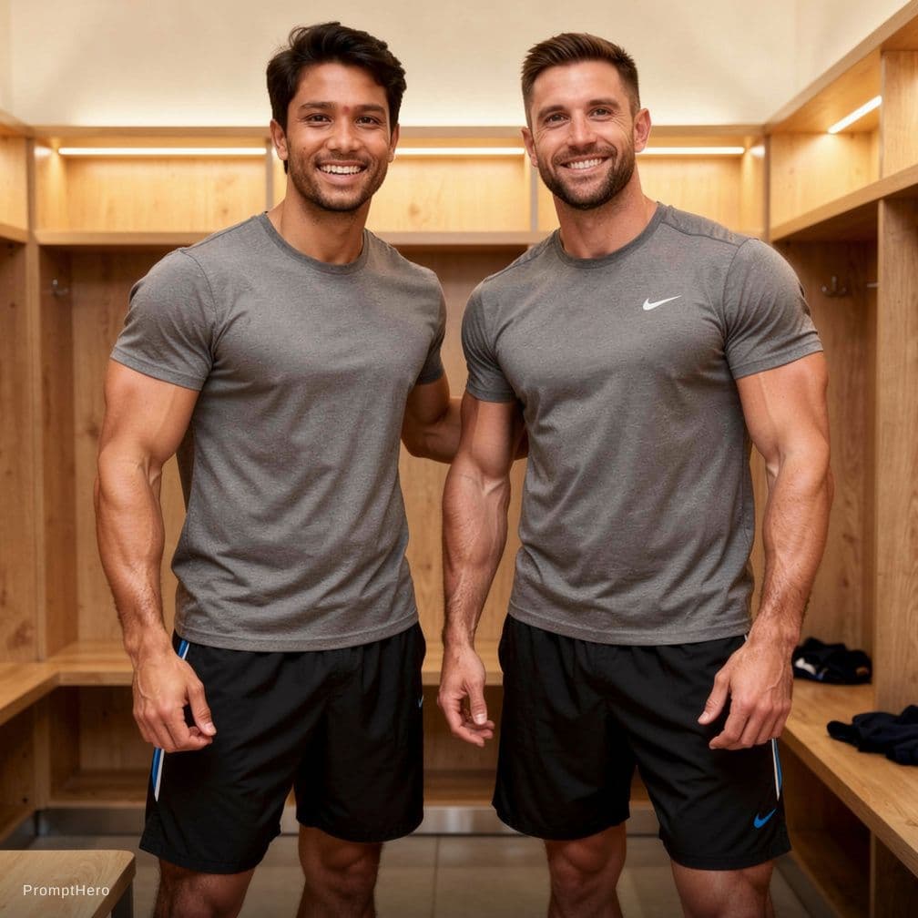 AI generated: Two Bodybuilders Muscular Asian Men, upper body exposed, black and thick body hair around the groin,...