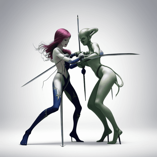 AI generated: Two beautiful alien women fight on swords shaped like knitting needles. The background is white.