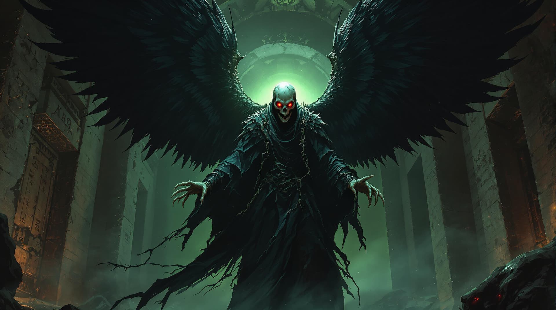 AI generated: A menacing necromancer with a skull for a head, glowing red piercing eyes deep in the sockets, clad ...
