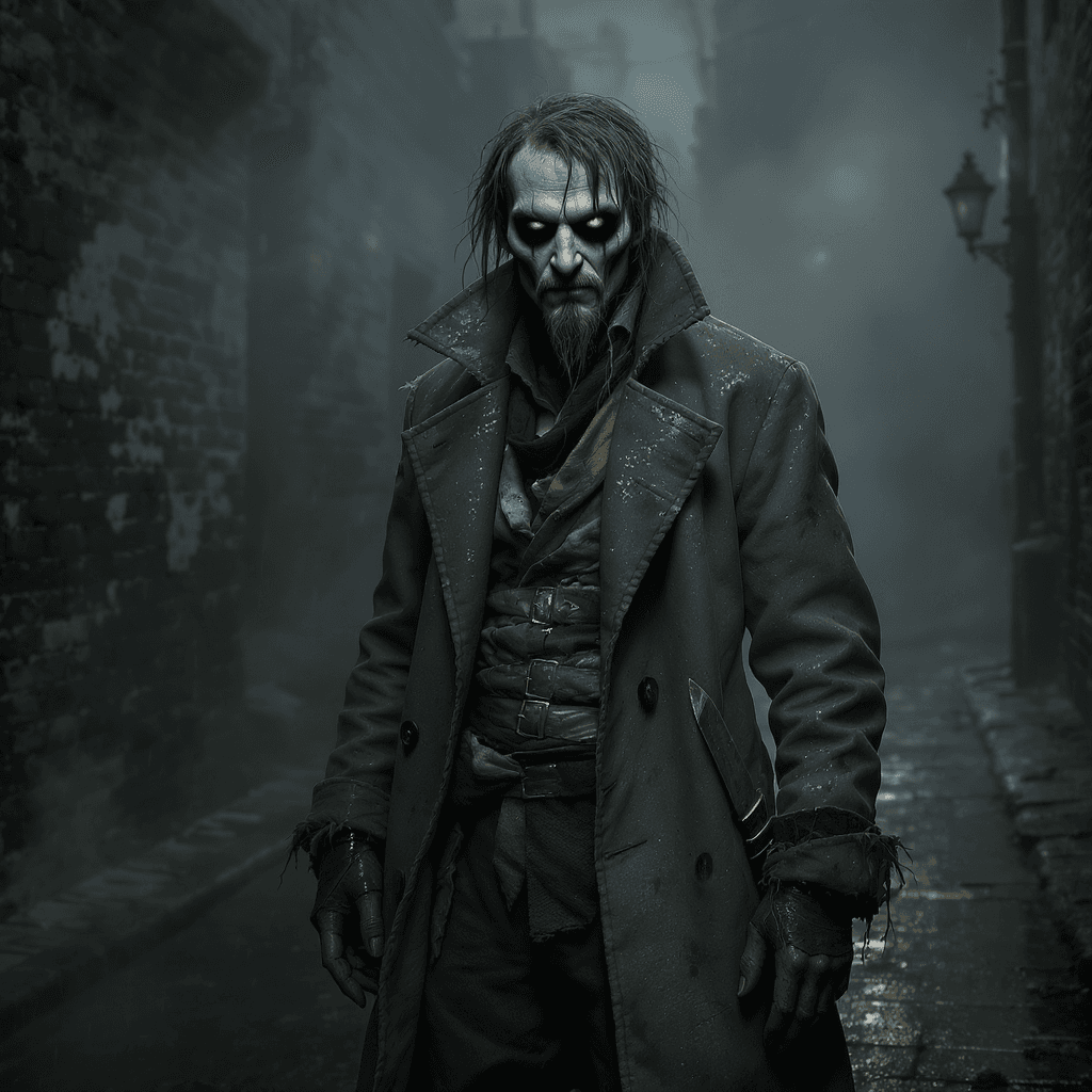 AI generated: Dirty and sinister street character inspired by 'Sweeney Todd: The Demon Barber of Fleet Street'. Ma...