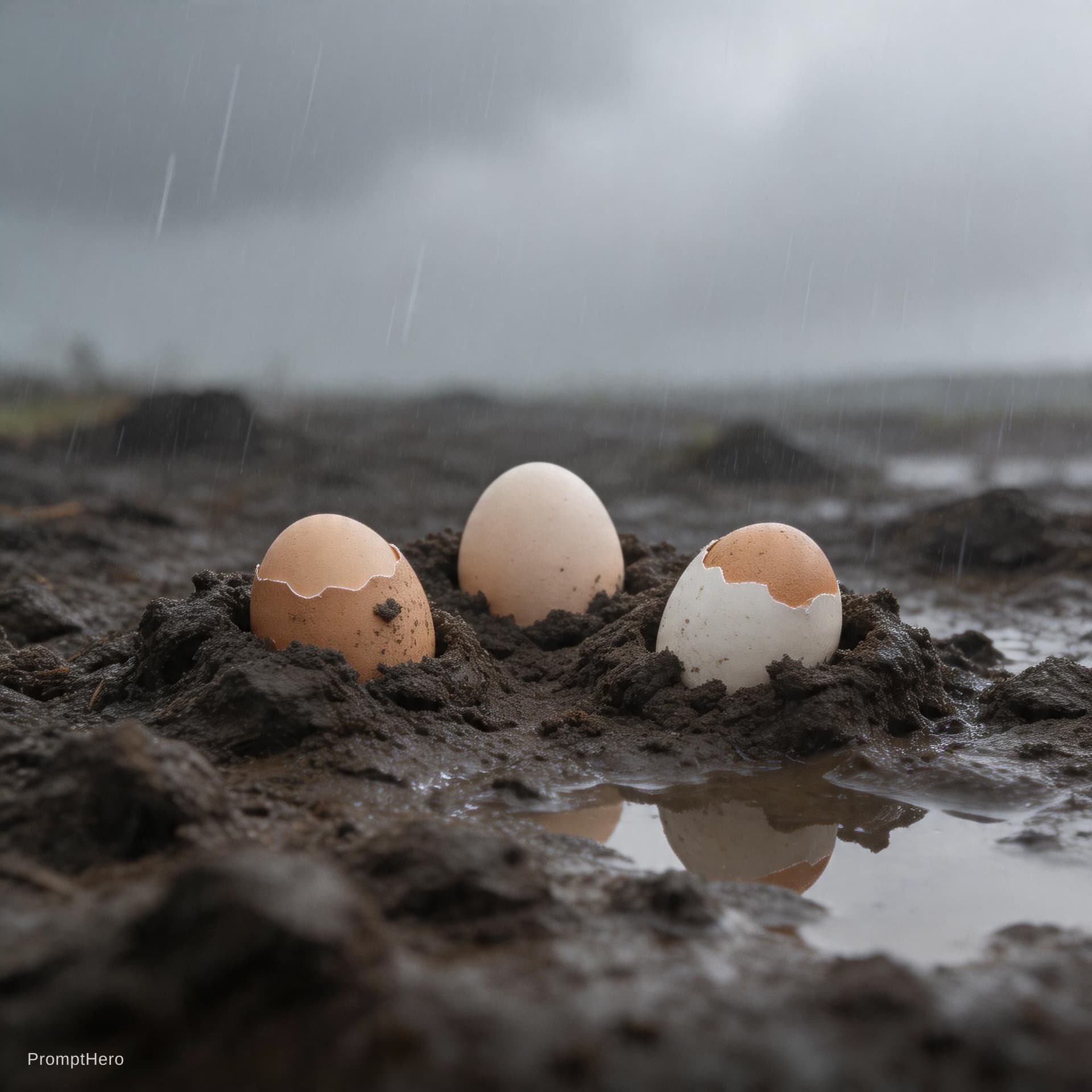 AI generated: Trois petits œufs... enterré dans la boue, presque oublié                         . 🥚🌧️ Mais leur ...