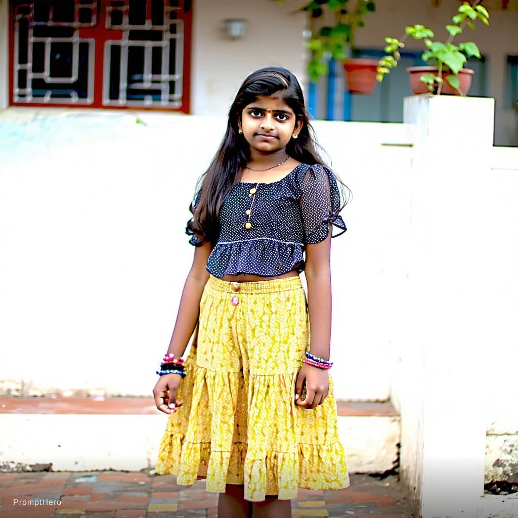 AI generated: an indian teen girl with 154 cm height in skirt half sleeved and in skirt, she is fair and has littl...