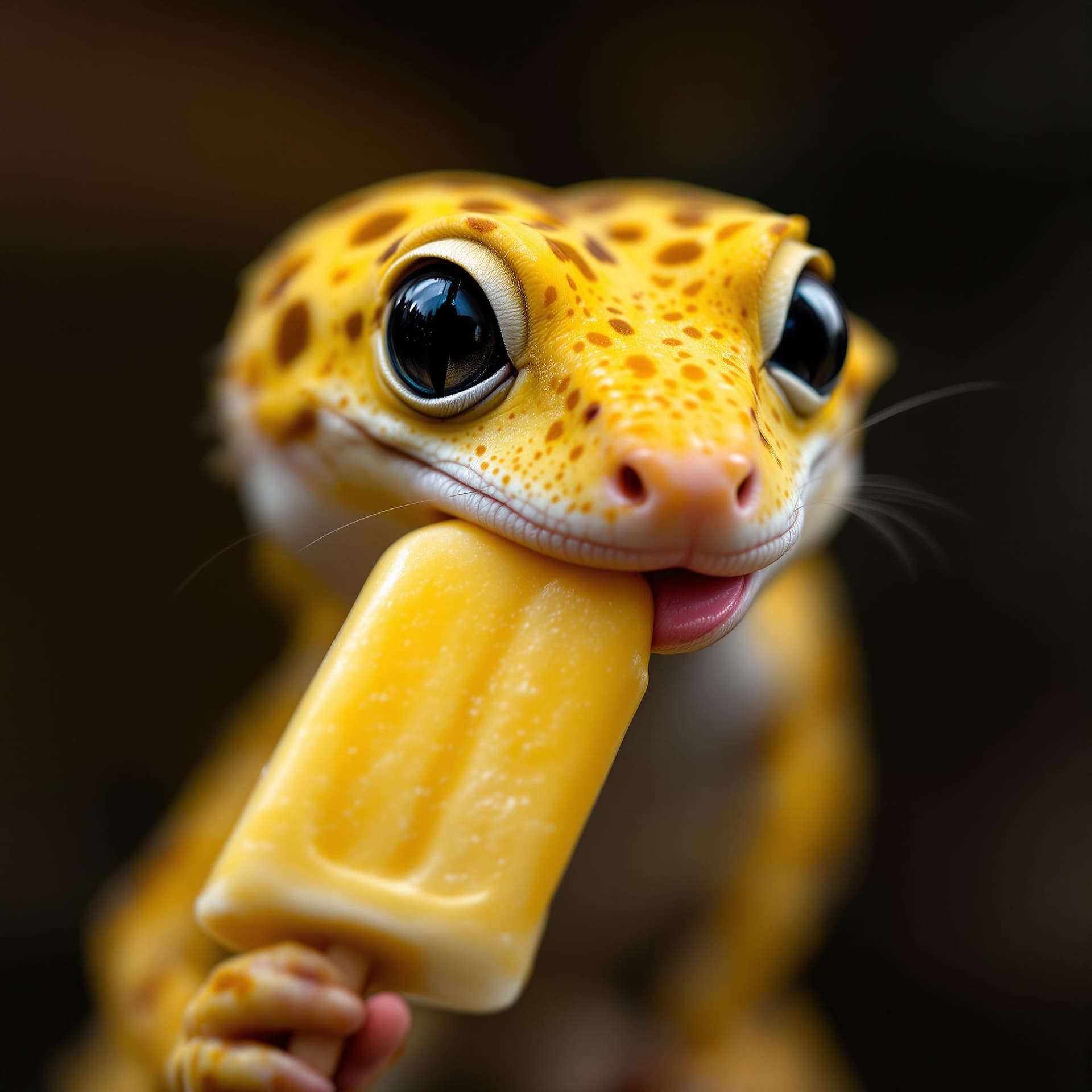 AI generated: A high-quality image of a leopard gecko that’s all yellow with no black on his yellow skin. His eyes...