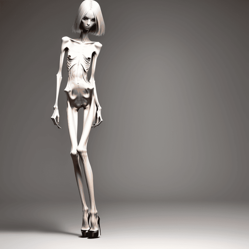 AI generated: naked very skinny anorexic legs in high heels, high heels, the tips of the shoes are very long towar...