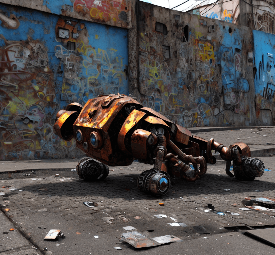 AI generated: a  lost  rusted big robot  is dead. It is lying on its back on  the ground in the street in a  favel...