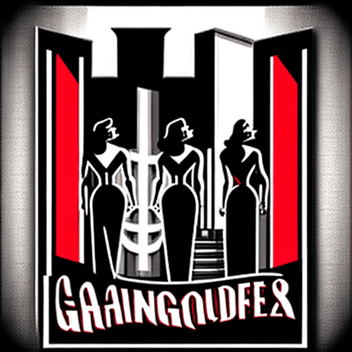 AI generated: Film noir style logo of female gangsters standing in front of a tall building. menacing. film noir. ...