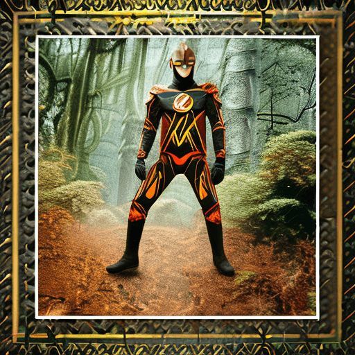 AI generated: "The Flash is standing in a majestic forest filled with orange trees and leaves. He is wearing a ful...
