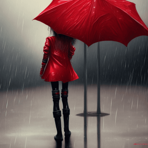 AI generated: young girl with a red robot suit standing in the rain, in the style of detailed hyperrealism, skotti...