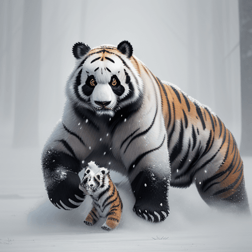 AI generated: /imagine prompt: Pandas and tigers partake in an epic snow-covered battle, shattering the icy landsc...