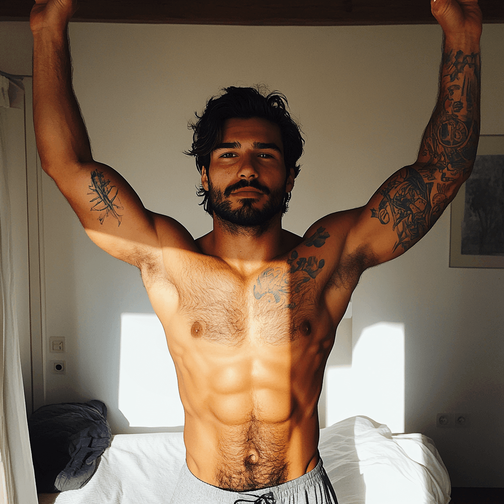 AI generated: Photo of an attractive Italian man with dark hair, incredibly hairy chest, arms raised, under arm pi...