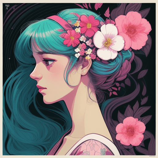 AI generated: a woman with flowers in her hair,  front view, dark white and light magenta, highly detailed illustr...