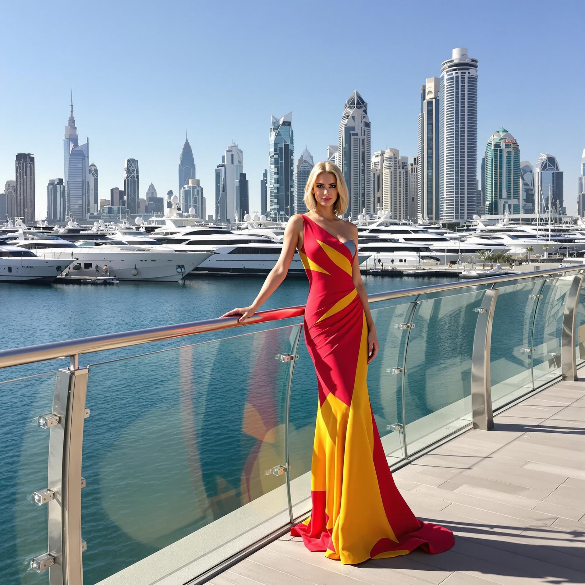 AI generated: **4. Europäische Eleganz in der Dubai Marina**  
Eine blonde, europäische Frau trägt ein stilvolles,...