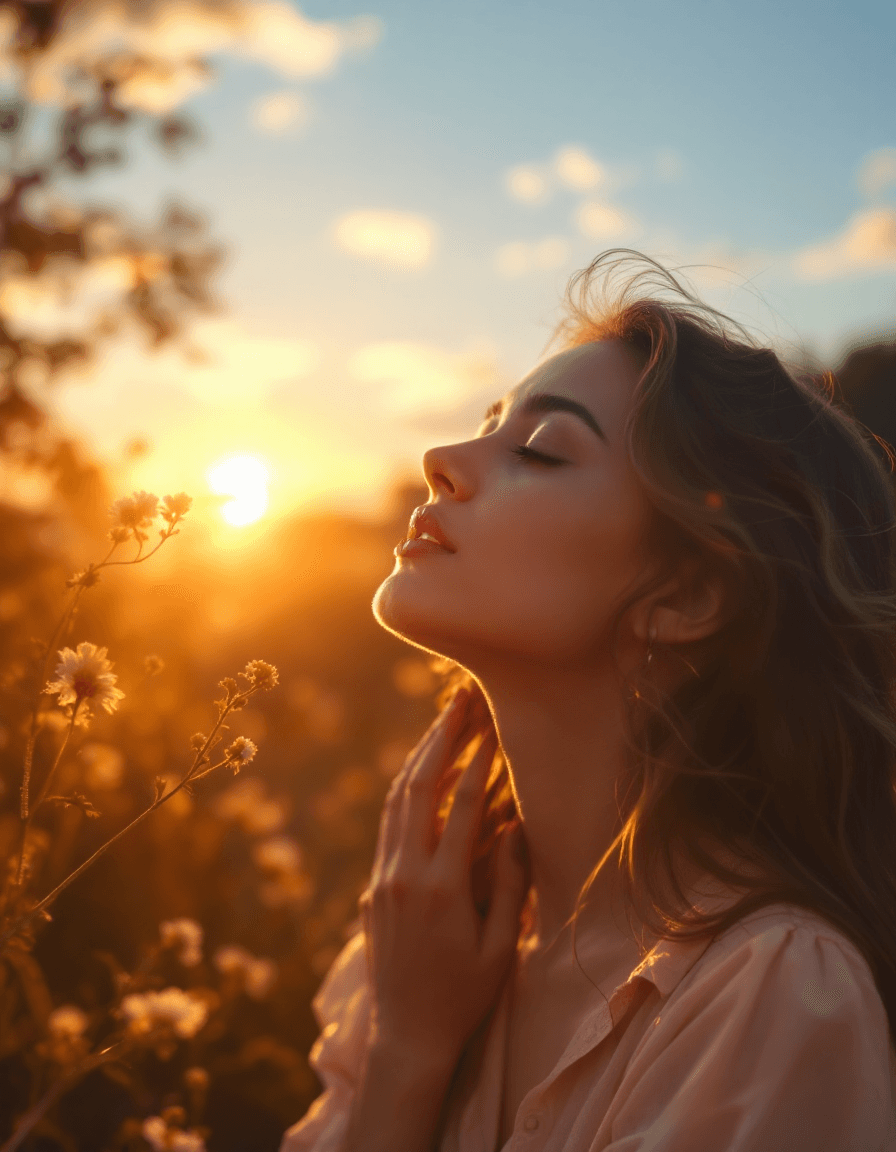 AI generated: in the grace of a glowing dawn, hands caress where sun warms her throat, the most beautiful girl sig...