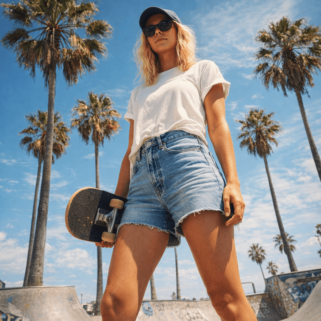 AI generated: { "title": "Venice Beach Skater Girl Editorial","intent": "Create a cinematic low-angle portrait of ...