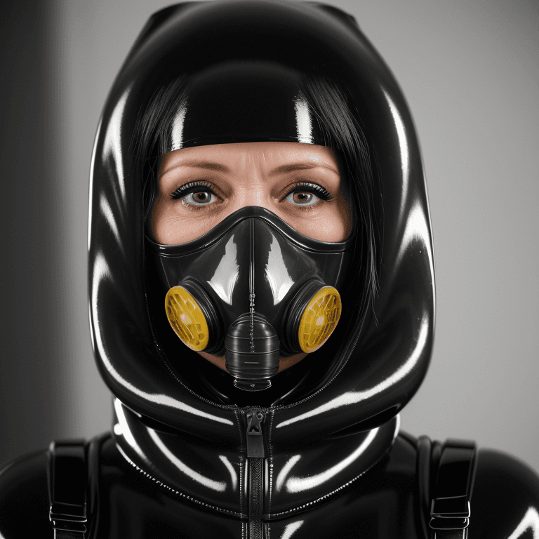 AI generated: hyper realistic headshot photo of a 40 year old woman, wearing a latex gas mask, a latex suit with l...