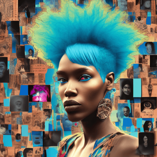 AI generated: black woman with electric blue hair, in the style of multi-layered collages, edgy street art, celebr...