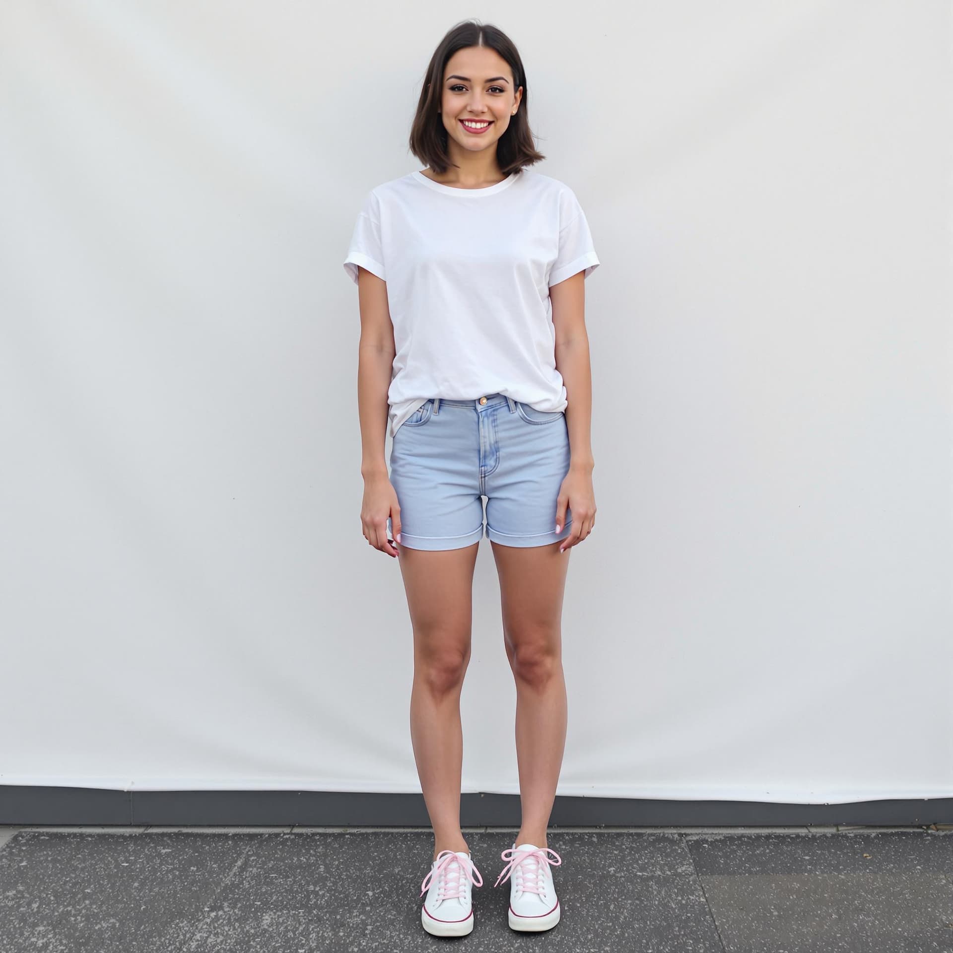 AI generated: woman stands against a white backdrop. She is dressed in a short-sleeved white t-shirt, a pair of li...