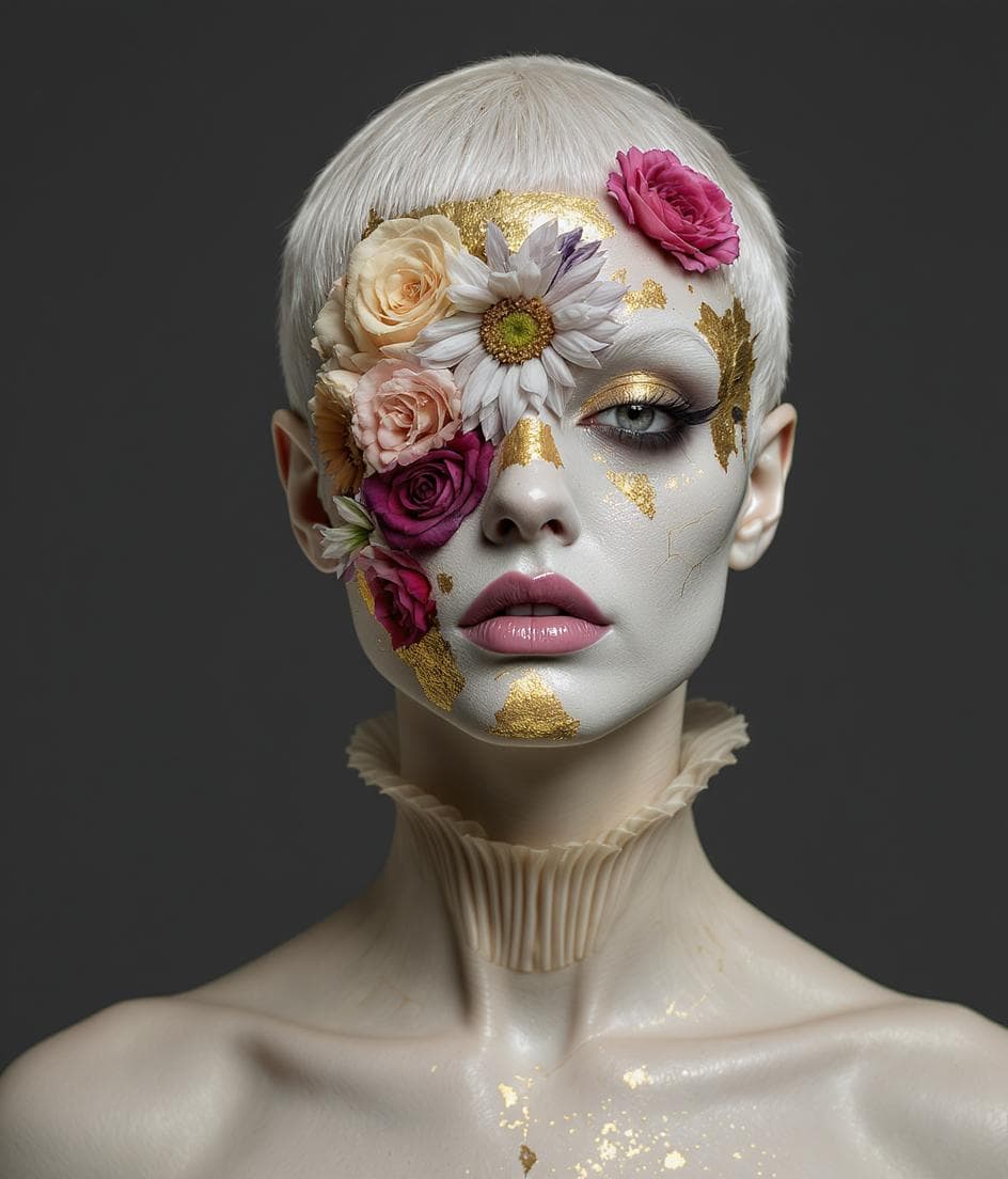 AI generated: Surrealism theme, master photography, high-end gray background, close-up of the upper body of a whit...
