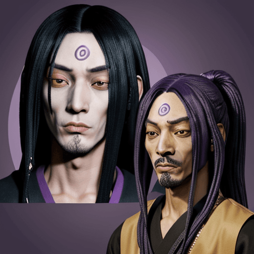 AI generated: orochimaru from naruto with the face of snoop dogg. purple background
