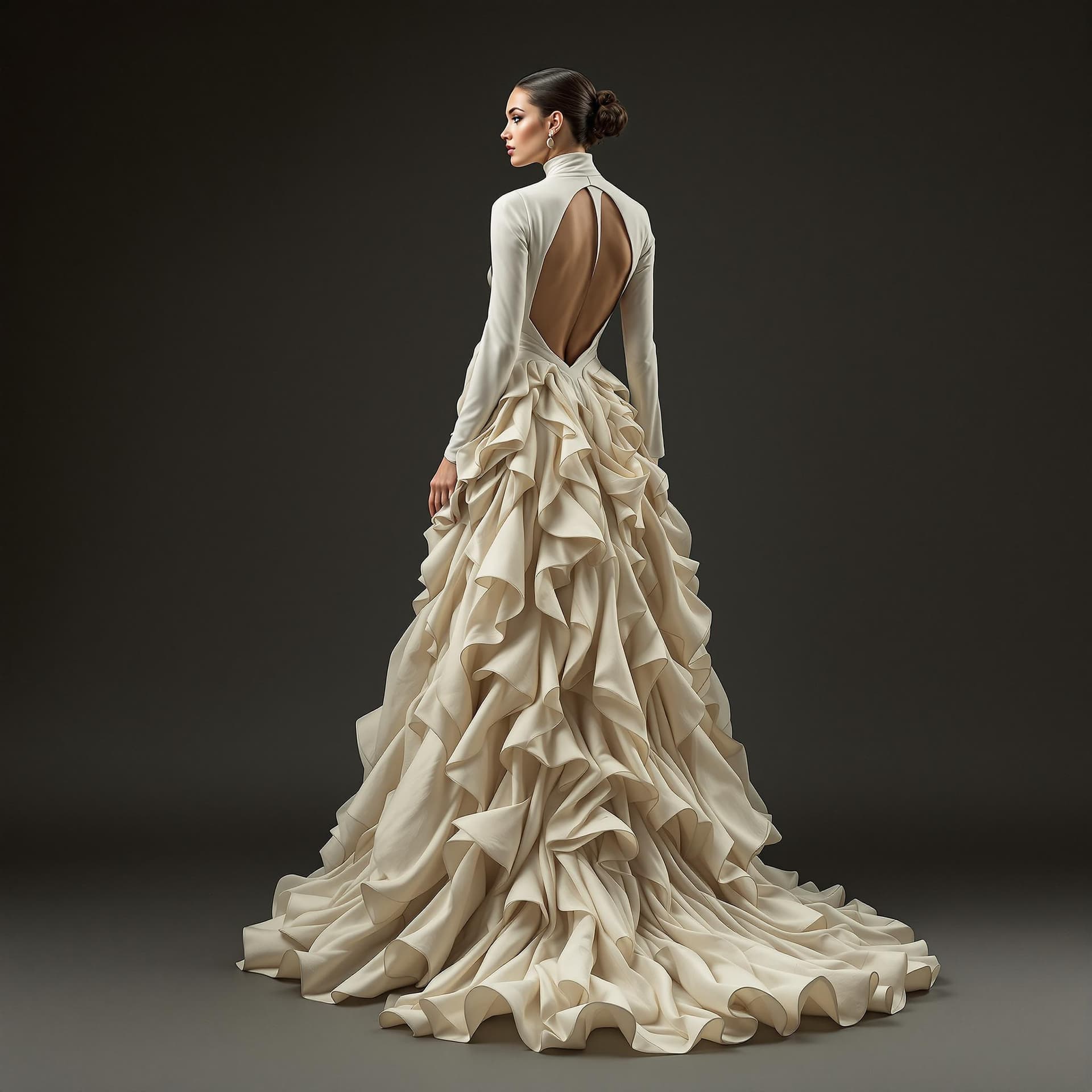 AI generated: The image is a full-length portrait of a woman in a flowing cream dress. The dress features a high n...