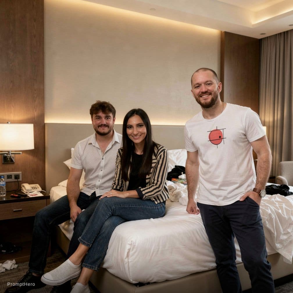 AI generated:  The three people from the picture are instead shown in a hotel bedroom, near an untidy bed. The man...
