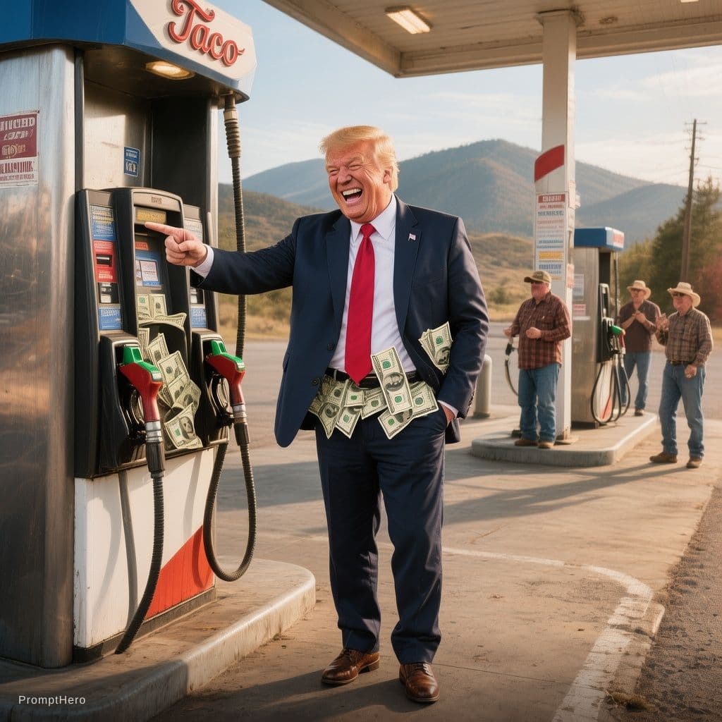 AI generated: Ultra realistic, U.S. President, 2026 Donald J. "TACO" Trump standing full body pointing to a gasoli...