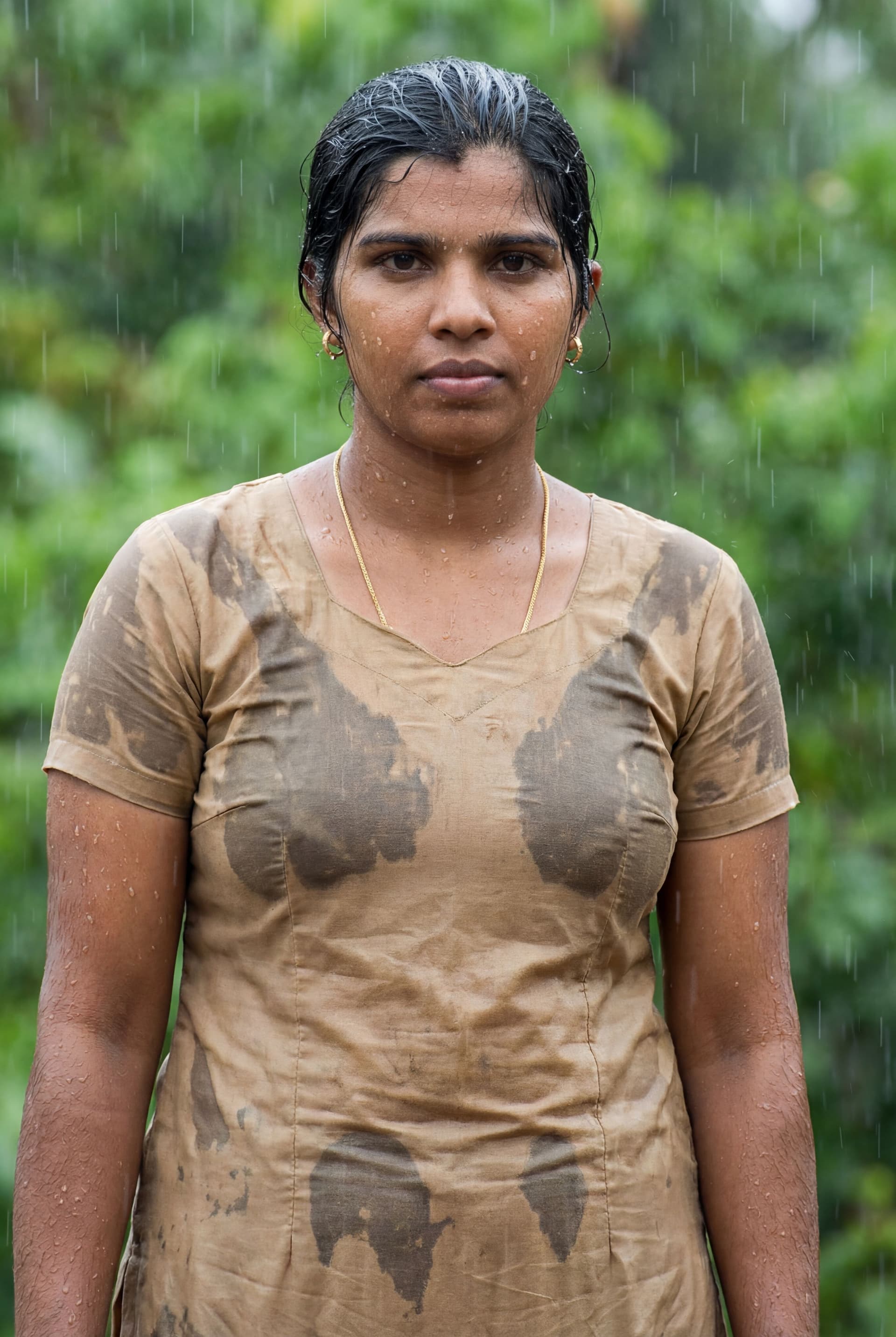 AI generated: Change the dress dress is sand colorAll clothes should look wet, as if they were soaked in the rain....