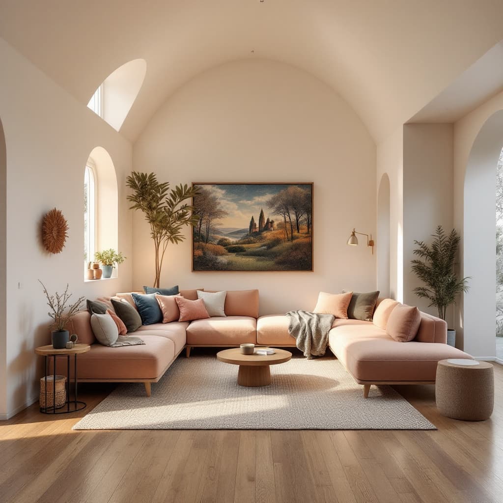 AI generated: High resolution photography interior design, dreamy sunken living room conversation pit, wooden floo...