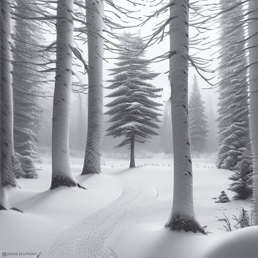 AI generated: A snowy treeline in the north. Overcast, cold haze, a fox in front of the treeline, much snow on the...