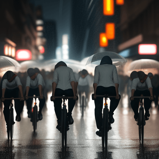 AI generated: nalog film photographic masterpiece, open shot of 100 people using bicycles on a street, Integration...