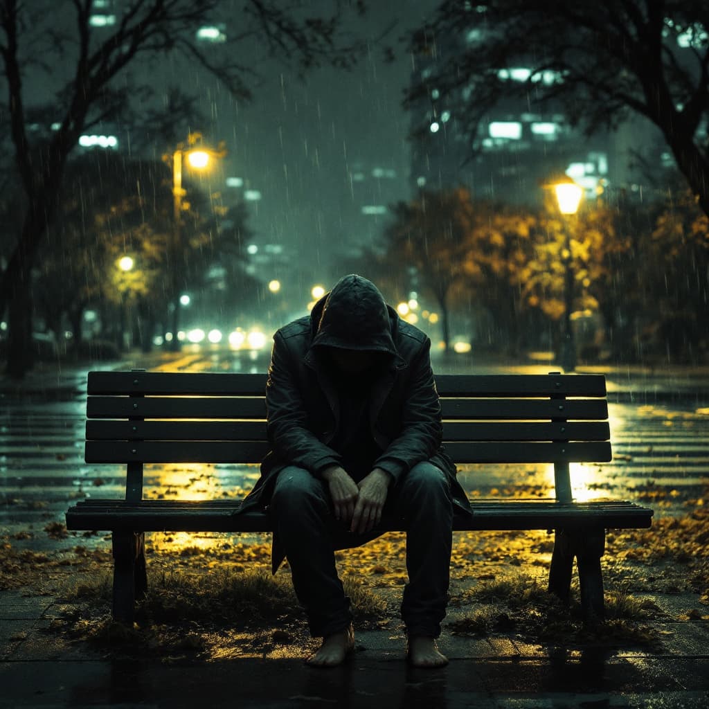 AI generated: Hombre triste y llorando sentado en una banca del parque en una noche lluviosa, que no tenga 3 piern...