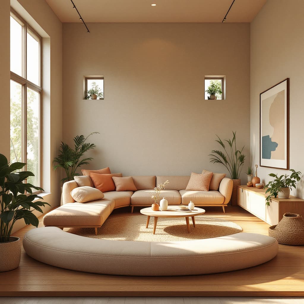 AI generated: High resolution photography interior design, dreamy sunken living room conversation pit, wooden floo...