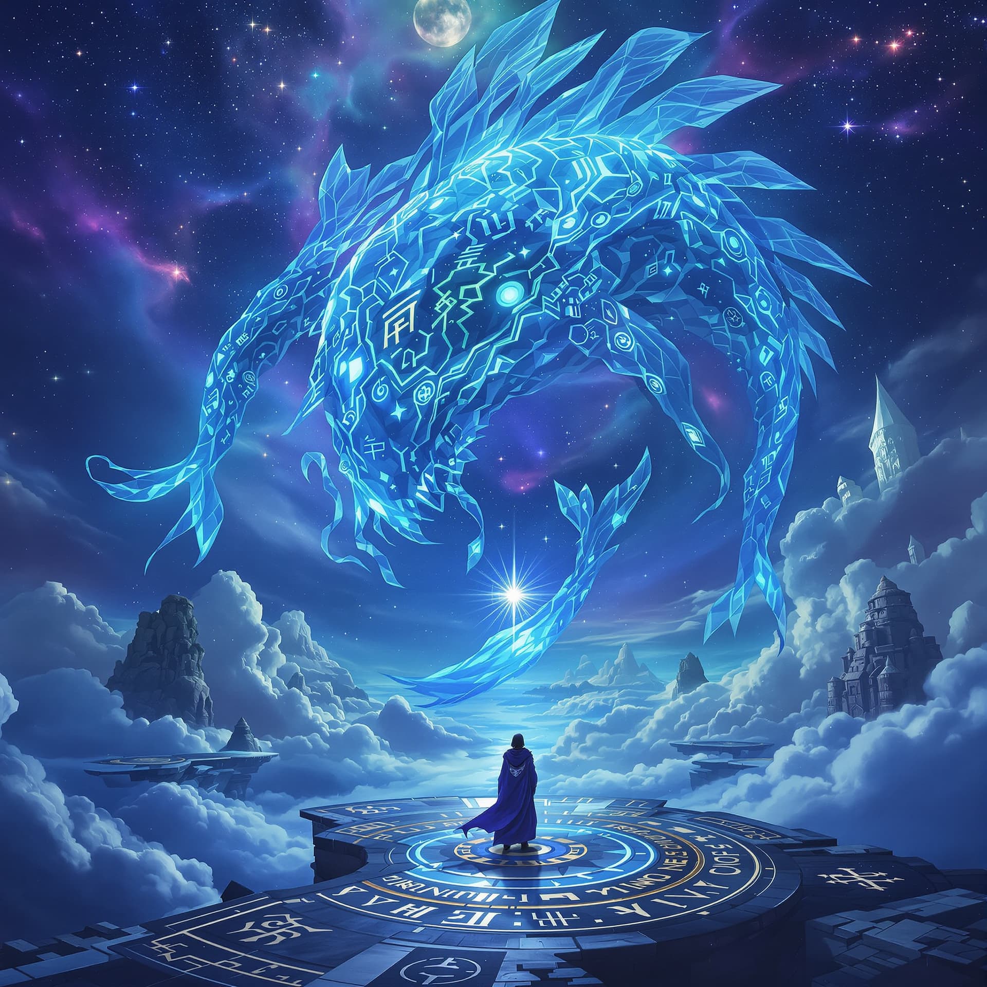 AI generated: Lone mage on a runed platform facing a majestic sky leviathan above floating islands and a cloud sea...