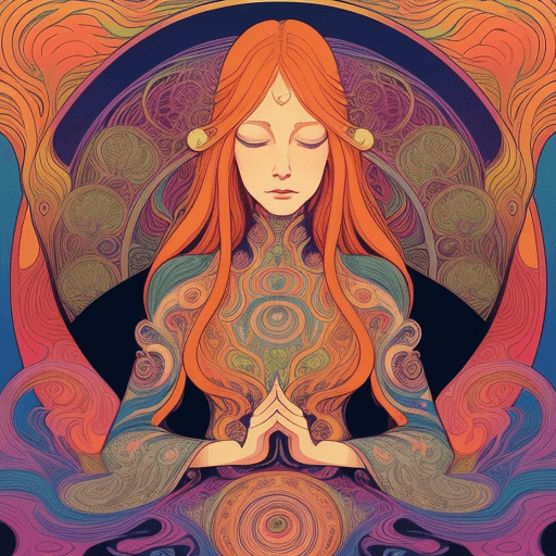 AI generated: ultra detailed illustration in a psychedelic style of a woman while meditating, a beautiful ginger w...