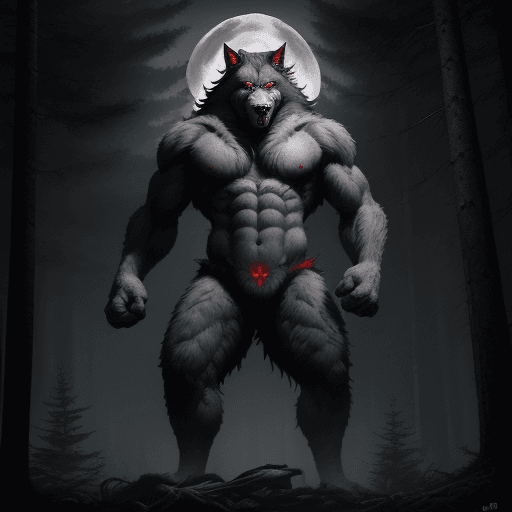 AI generated: grey strong furry werewolf with red demonic red eyes standing on two legs in magical dark forest wit...