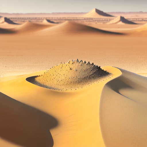 AI generated: Close up of a barren desert landscape - showing sand in the foreground.  Style should be hyper detai...