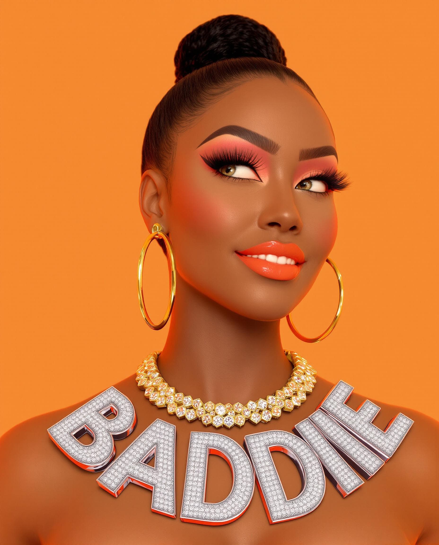AI generated: A 3D render of a woman's head and neck that says "BADDIE." The image is a 3D render of a stylized wo...