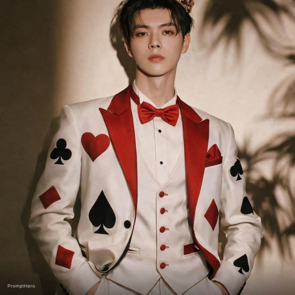 AI generated: Change his clothes into like cards clothes 